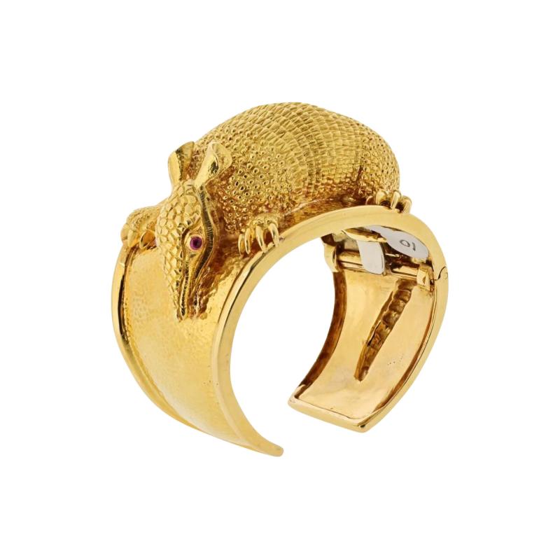 David Webb David Webb 18K Yellow Gold Armadillo Cuff With Ruby Eyes Bracelet