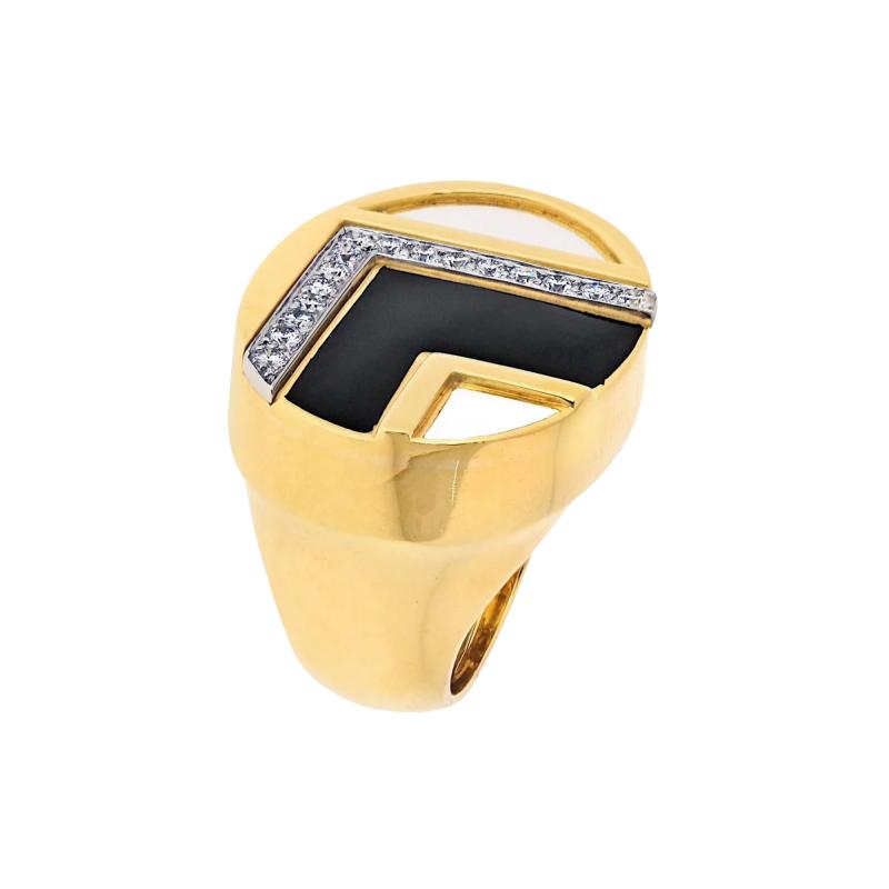 David Webb David Webb 18K Yellow Gold Black And White Enamel Diamond Ring