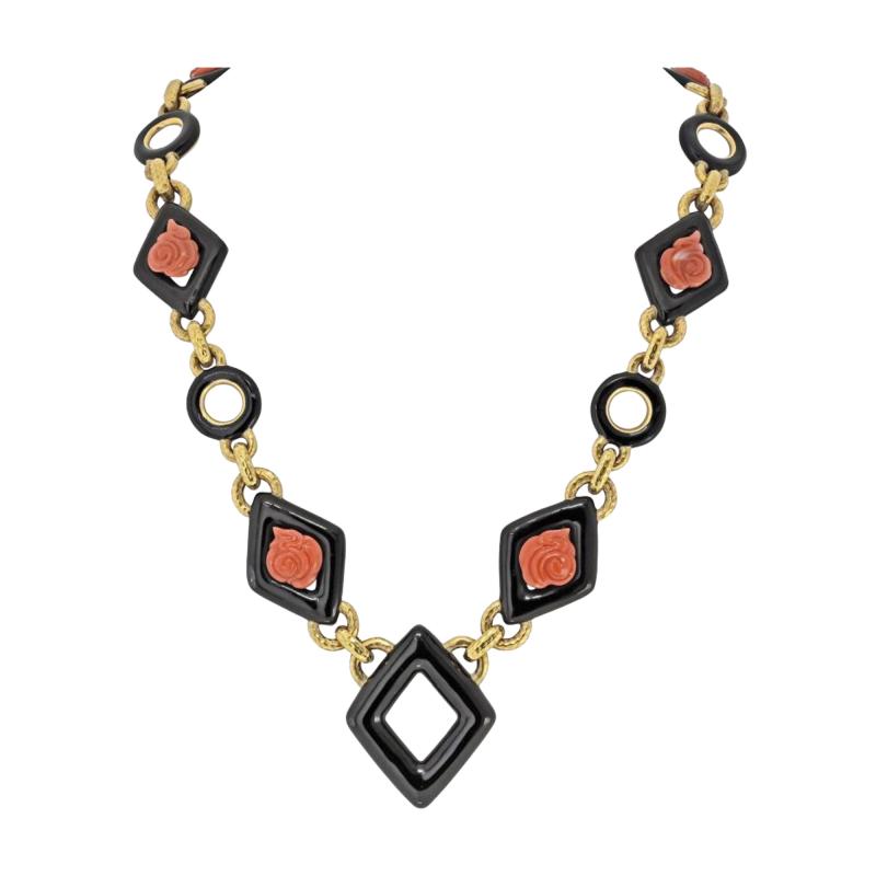 David Webb David Webb 18K Yellow Gold Black Enamel And Roses Coral Link Necklace