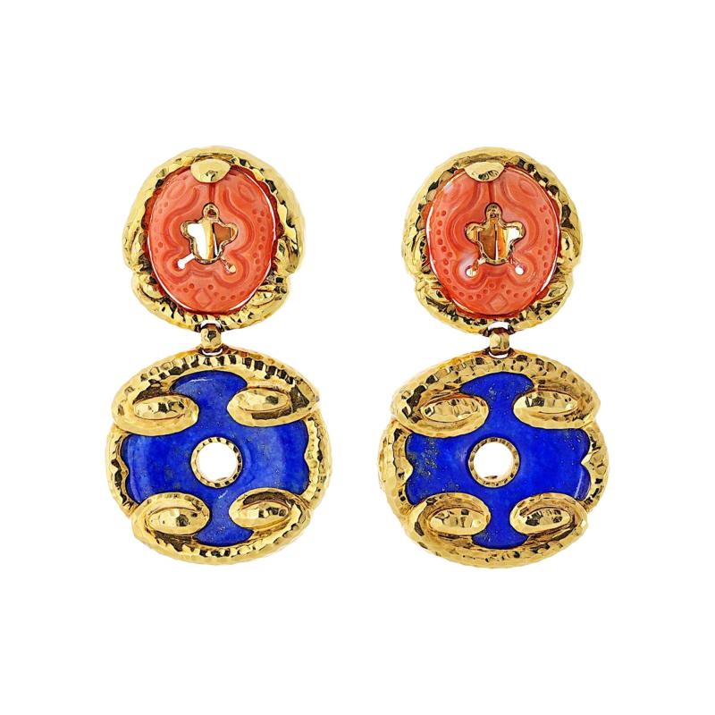David Webb David Webb 18K Yellow Gold Lapis and Carved Coral Hammered Finish Earrings
