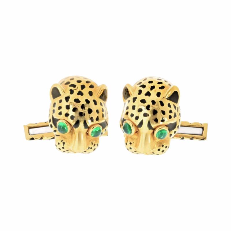 David Webb David Webb 18K Yellow Gold Leopard Emerald Eyes With Box Cuff Links