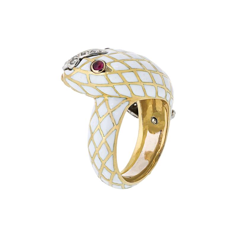 David Webb David Webb 18K Yellow Gold Snake Serpent White Enamel Ruby and Diamonds Ring