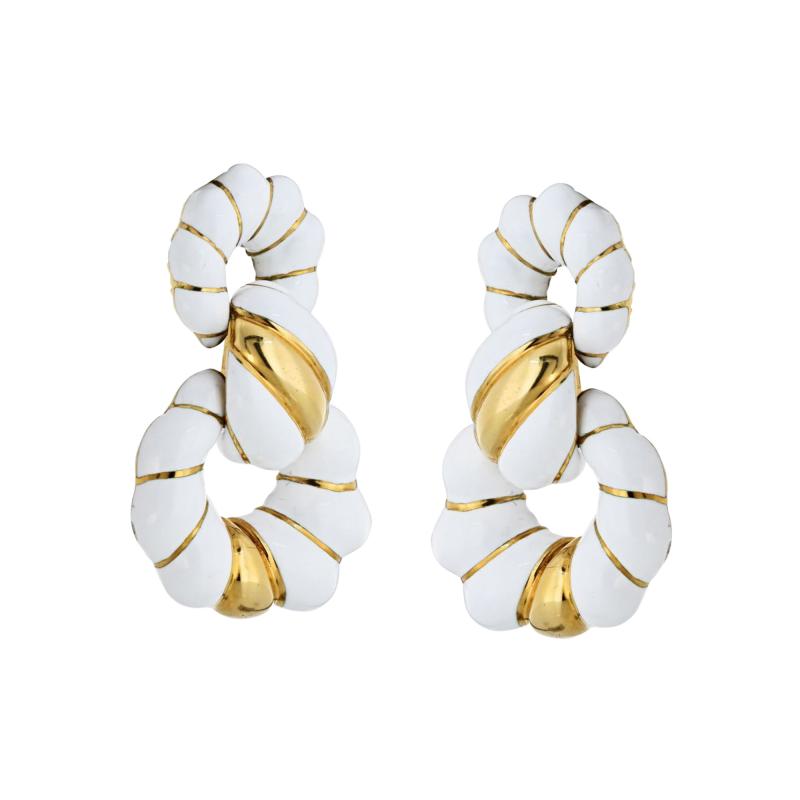 David Webb David Webb 18K Yellow Gold White Enamel 1 75 Inches Long Doorknocker Earrings