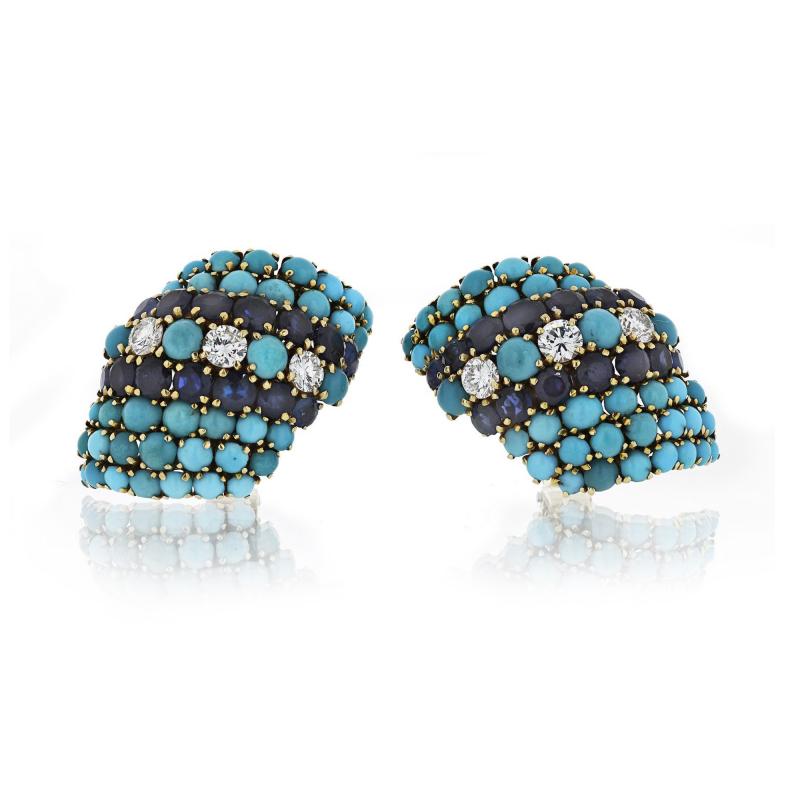 David Webb David Webb 1960s Turquoise Sapphire And Diamonds Earrings