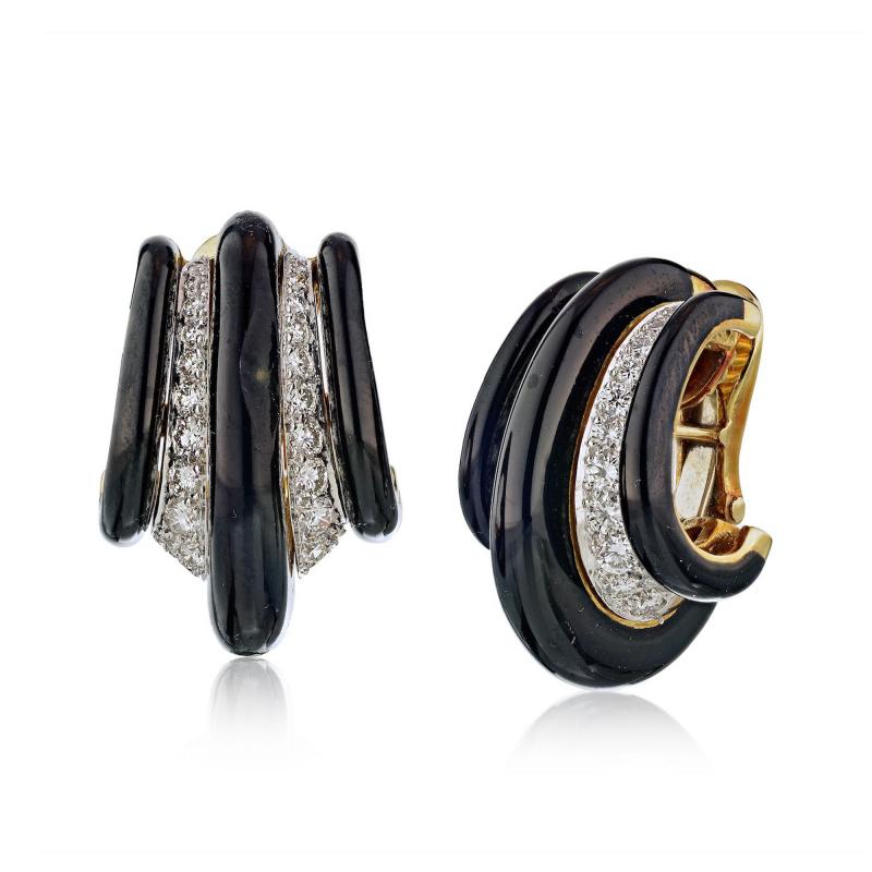 David Webb David Webb 1980s Black Enamel Diamond Earrings