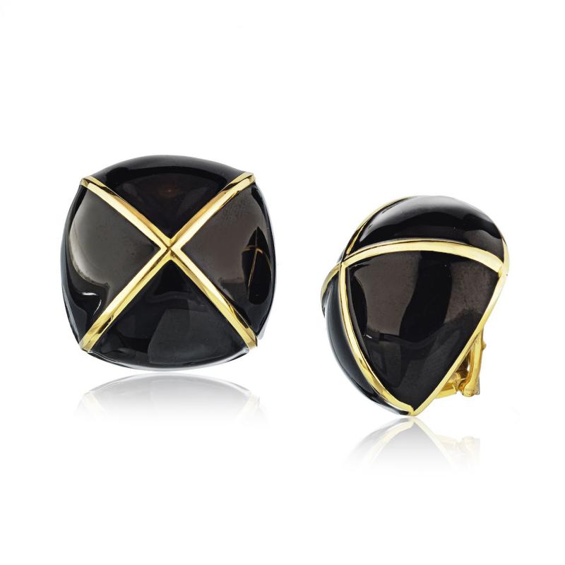 David Webb David Webb Black Enamel Large Square Cushion Shape Clip On Earrings