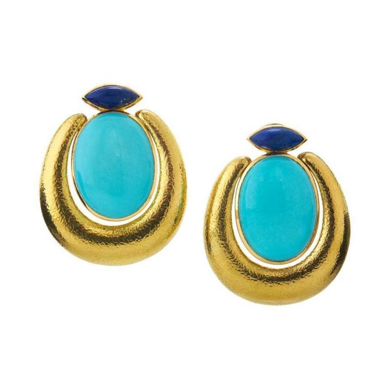 David Webb David Webb Cabochon Turquoise Lapis Clip on Earrings