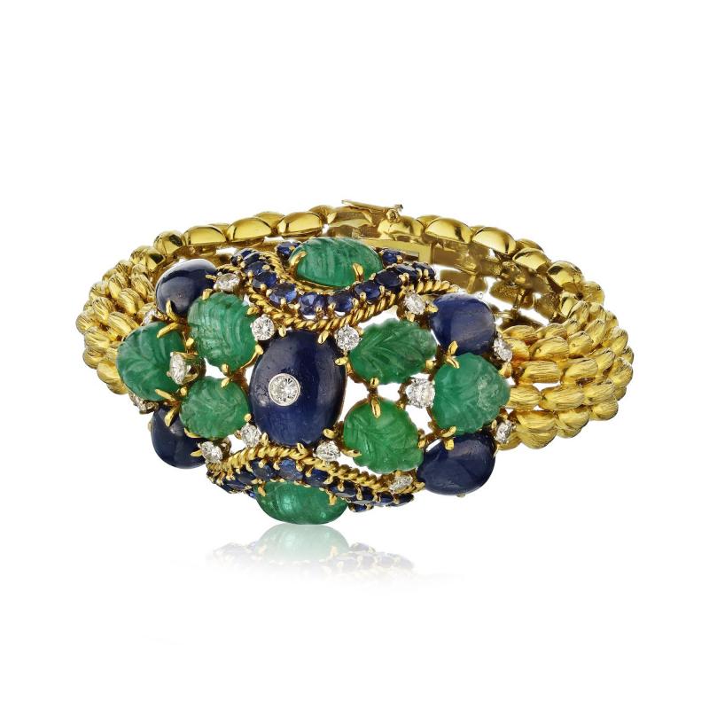 David Webb David Webb Carved Emeralds Cabochon Sapphires Diamond Bracelet
