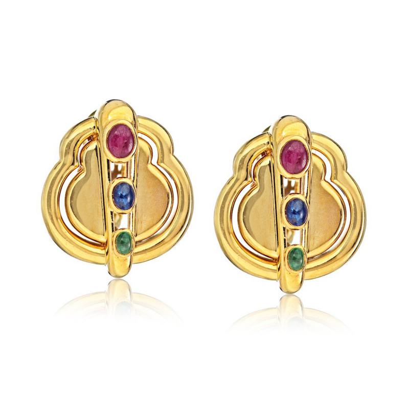 David Webb David Webb Circa 1970 Ruby Emerald Sapphire Earrings