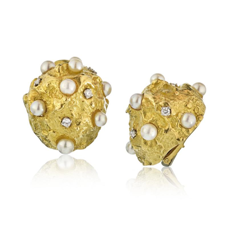 David Webb David Webb Diamond Pearl Gold Nugget Earrings