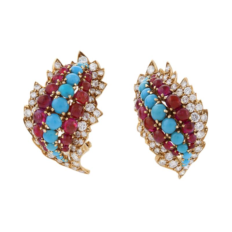 David Webb David Webb Mid 20th Century Diamond Ruby and Turquoise Earrings