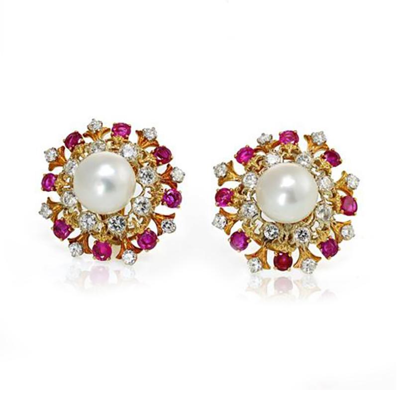 David Webb David Webb Pearl Diamond Ruby Earrings