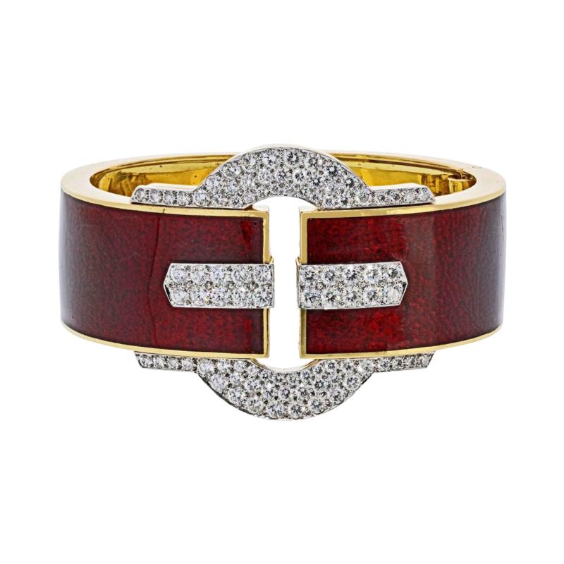 David Webb David Webb Platinum 18K YG Buckle Cuff Red Enamel Diamond Bangle Bracelet