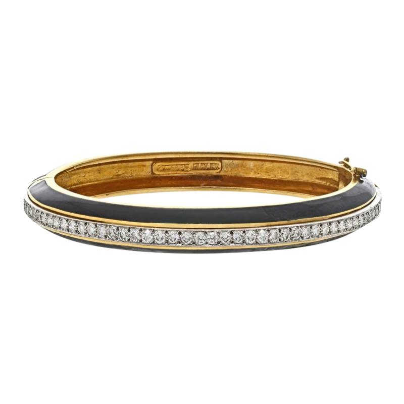 David Webb David Webb Platinum 18K Yellow Gold Black enamel And Diamond Bangle Bracelet