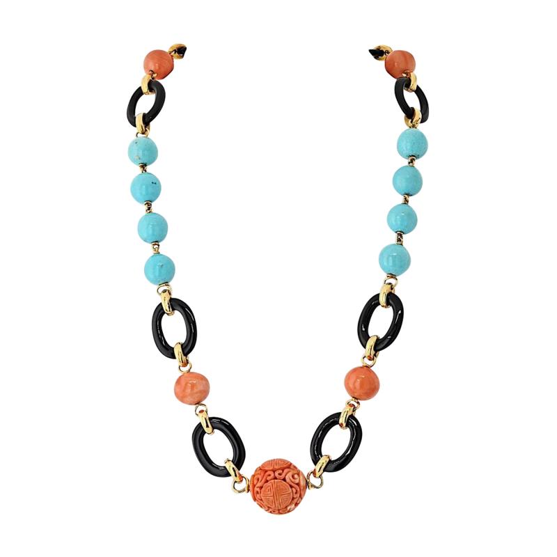 David Webb David Webb Platinum 18K Yellow Gold Coral Onyx Turquoise Necklace