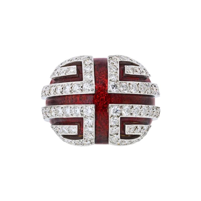 David Webb David Webb Platinum 18K Yellow Gold Diamond And Red Enamel Cocktail Ring
