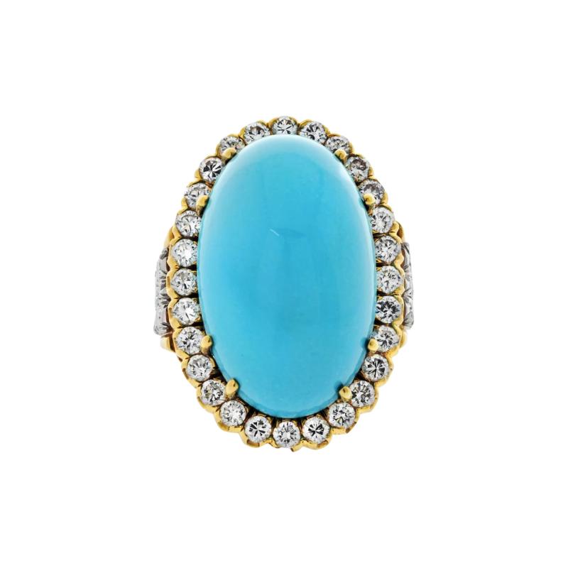 David Webb David Webb Platinum 18K Yellow Gold Large Oval Turquoise And Diamond Ring