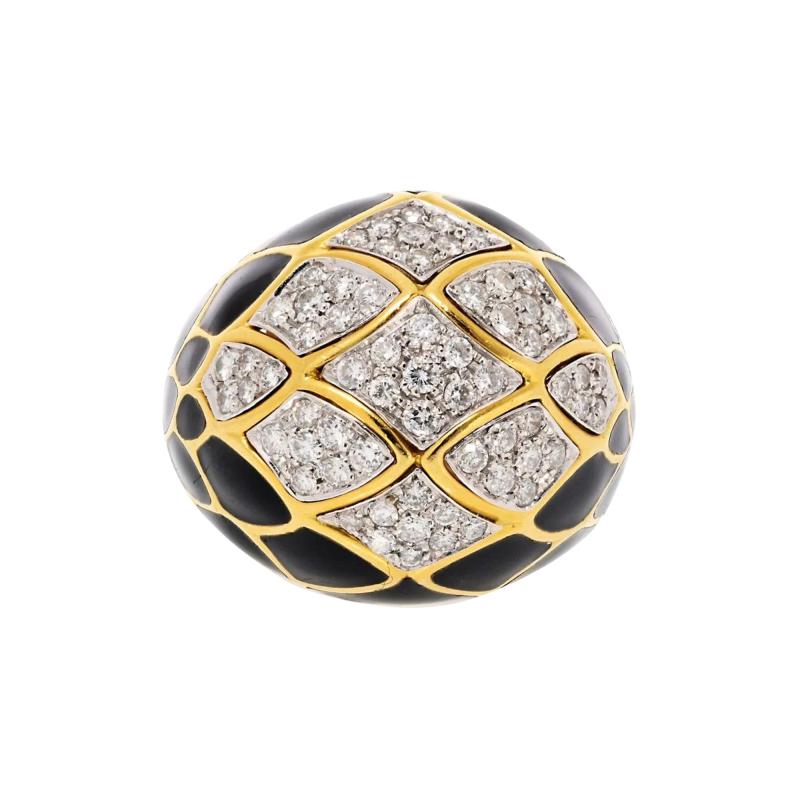 David Webb David Webb Platinum 18K Yellow Gold Pave Set Diamonds and Black Enamel Ring