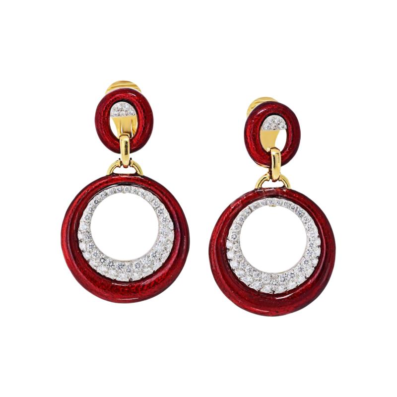 David Webb David Webb Platinum 18K Yellow Gold Red Enamel Diamond Earrings