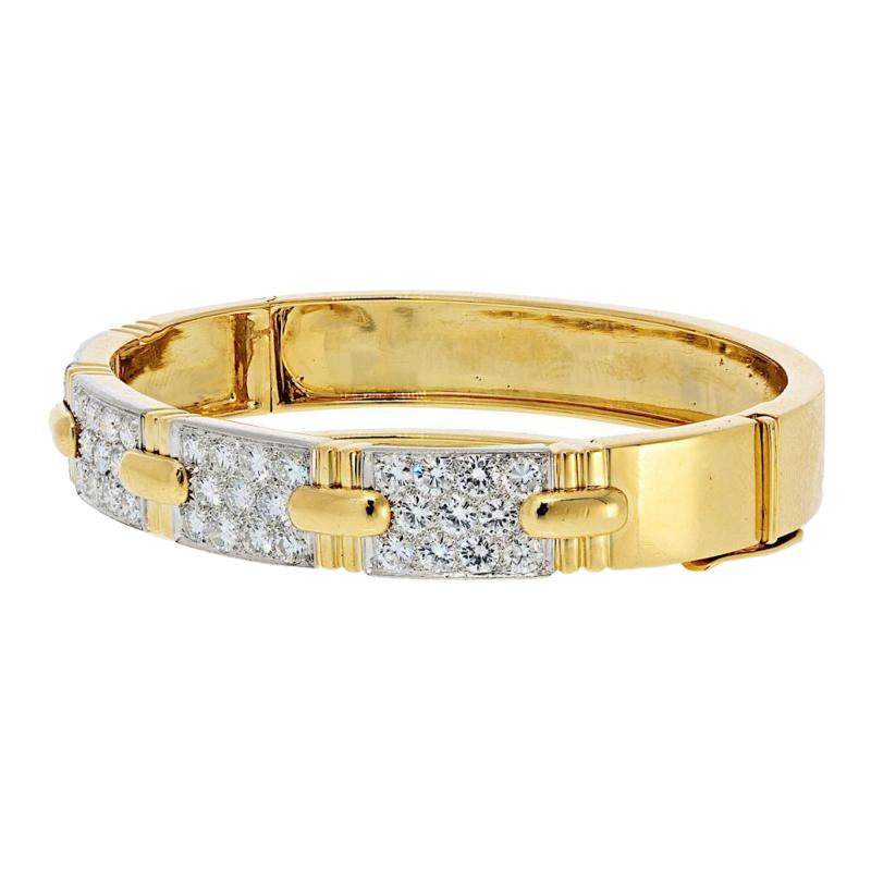 David Webb David Webb Platinum 18K Yellow Gold Stitch Round Diamond Bangle Bracelet