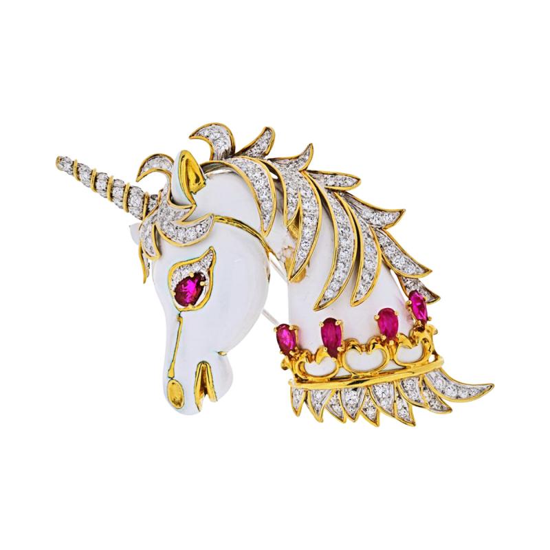 David Webb David Webb Unicorn 18K Yellow Gold White Enamel Diamonds And Rubies Brooch