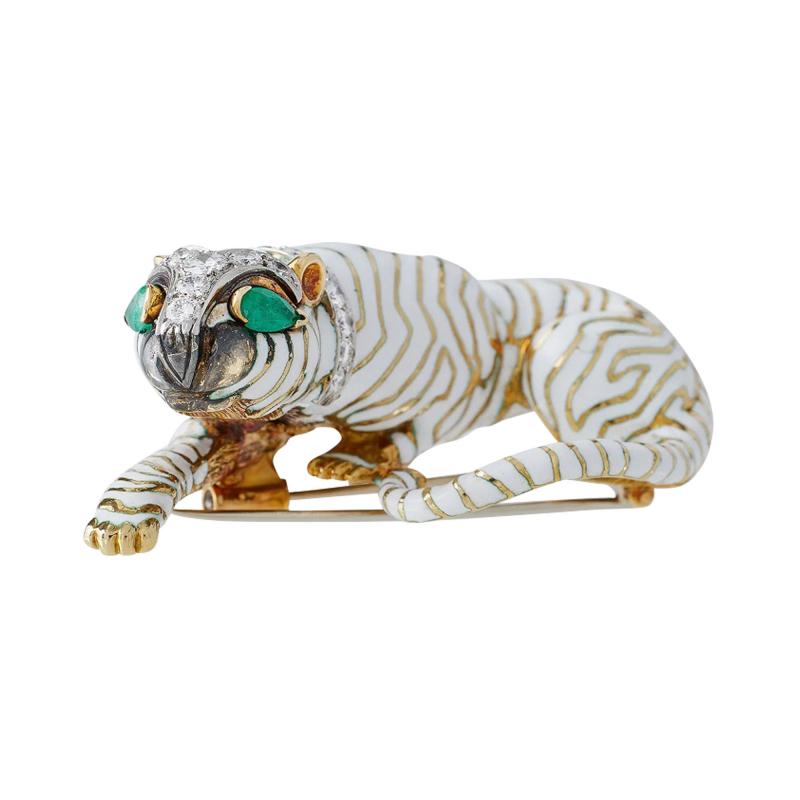 David Webb David Webb White Enamel Tiger Brooch