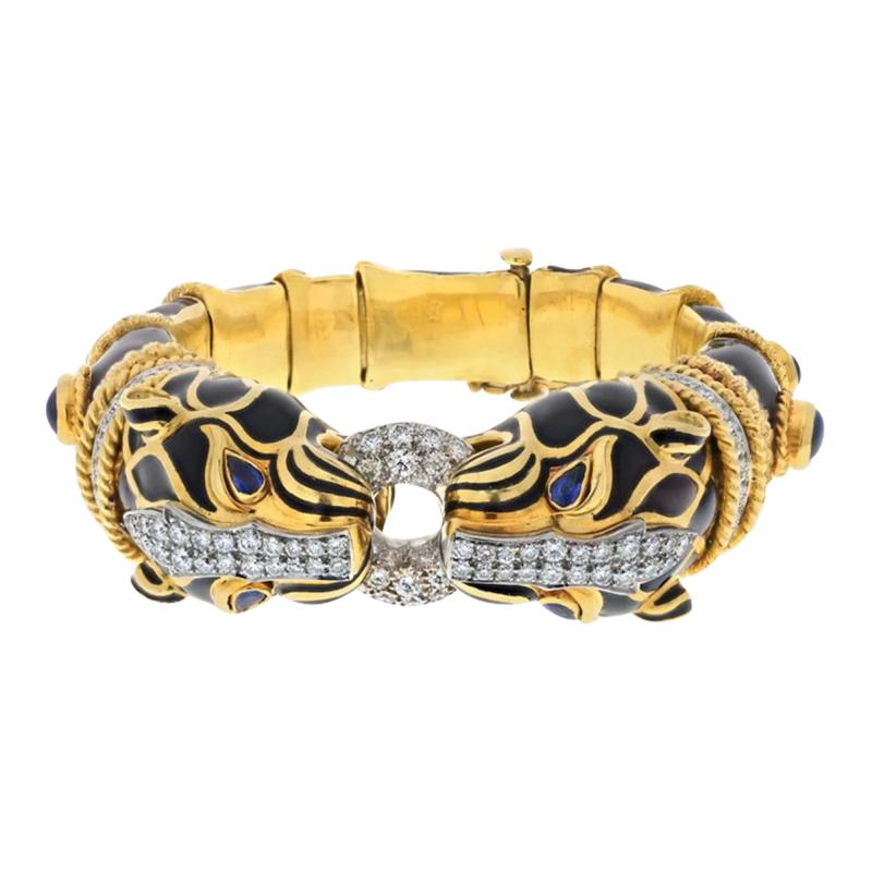 David Webb PLATINUM 14K YELLOW GOLD DOUBLE LION BLACK ENAMEL SAPPHIRE EYES DIAMONDS