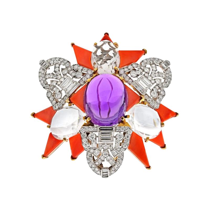 David Webb PLATINUM 18K YELLOW GOLD AMETHYST CORAL AND ROCK CRYSTAL STAR BROOCH