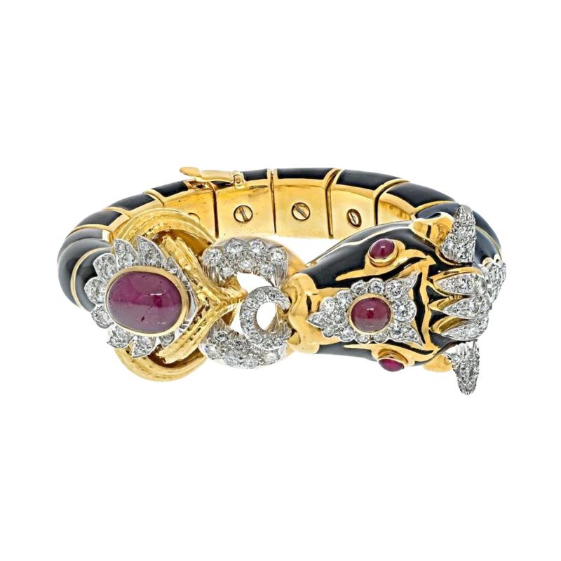 David Webb PLATINUM 18K YELLOW GOLD BLACK ENAMEL RED RUBY DIAMOND BULL BRACELET