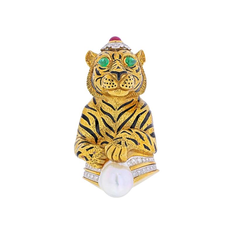 David Webb PLATINUM 18K YELLOW GOLD BLACK STRIPED TIGER WITH EMERALD RUBY PEARL BROOCH