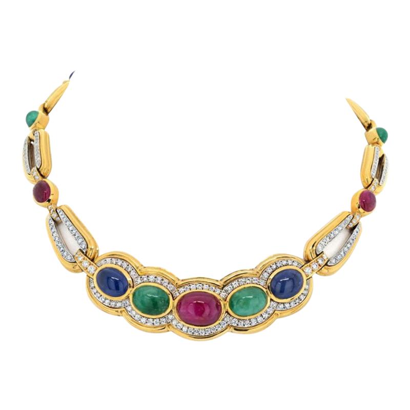 David Webb PLATINUM 18K YELLOW GOLD CABOCHON CUT SAPPHIRE RUBY AND EMERALD NECKLACE