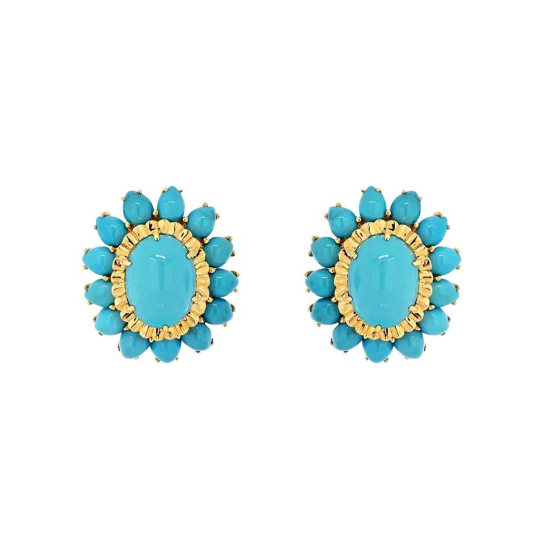 David Webb PLATINUM 18K YELLOW GOLD CABOCHON CUT TURQUOISE FLOWER CORAL CLIP ON EARRINGS