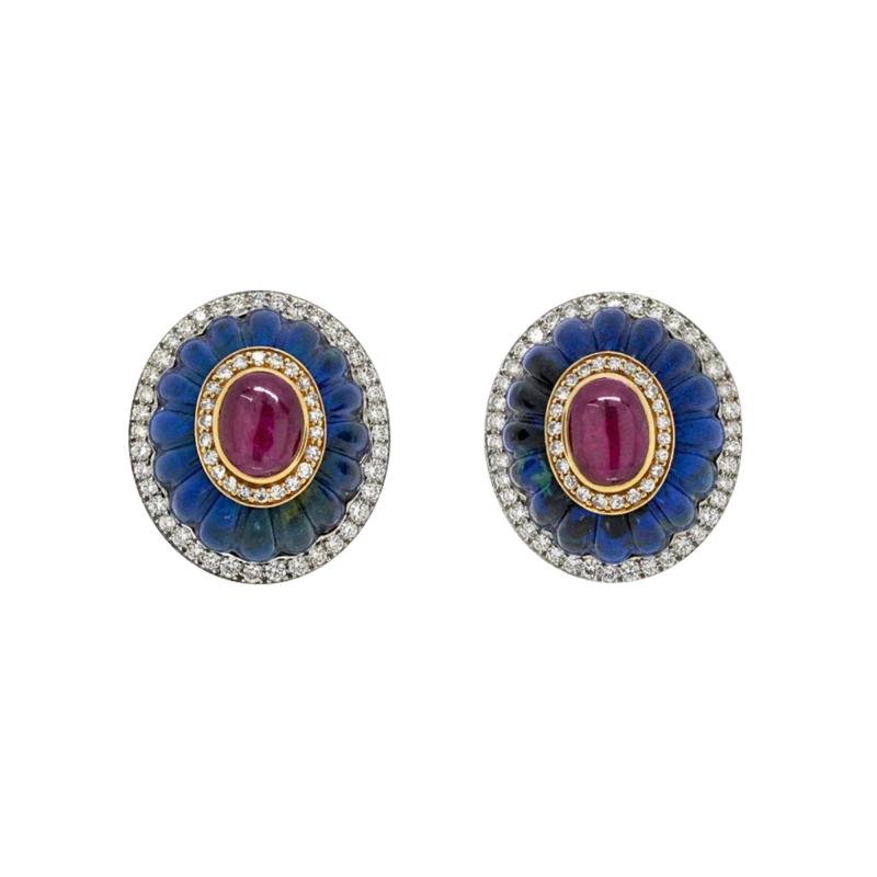 David Webb PLATINUM 18K YELLOW GOLD CARVED AZURMALACHITE DIAMOND RUBY CLIP EARRINGS