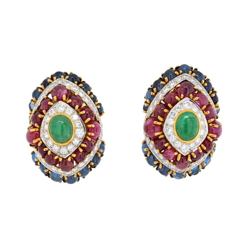 David Webb PLATINUM 18K YELLOW GOLD COLOR GEMSTONE RED GREEN AND BLUE DIAMOND EARRINGS