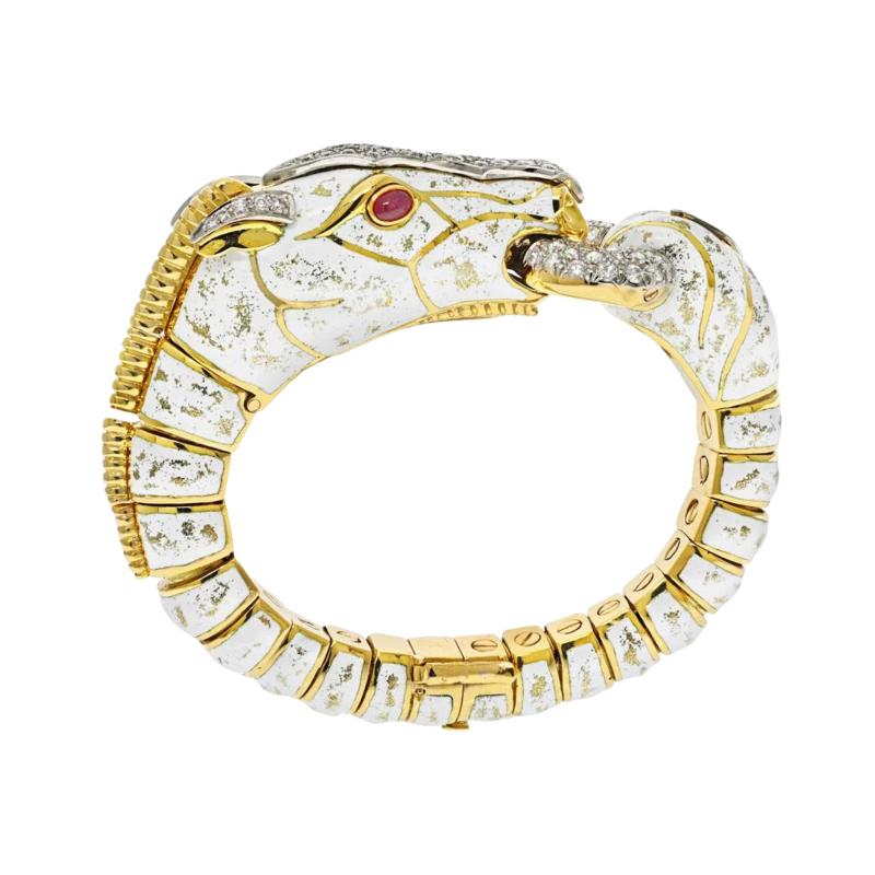 David Webb PLATINUM 18K YELLOW GOLD DAPPLED WHITE ENAMEL DIAMOND HORSE BRACELET