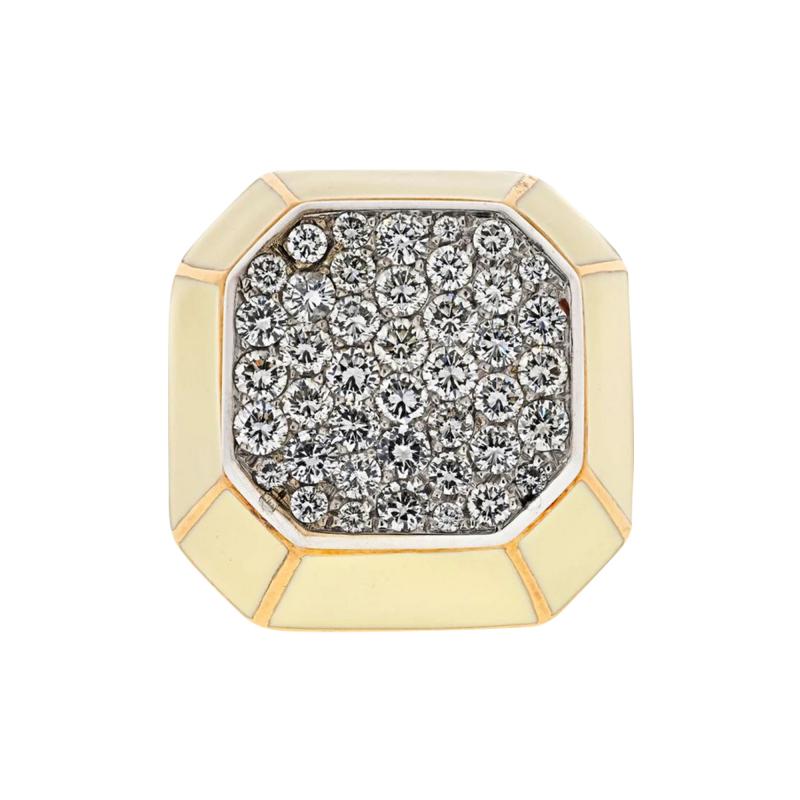 David Webb PLATINUM 18K YELLOW GOLD DIAMOND OCTAGON CLUSTER COCKTAIL CREAM ENAMEL RING