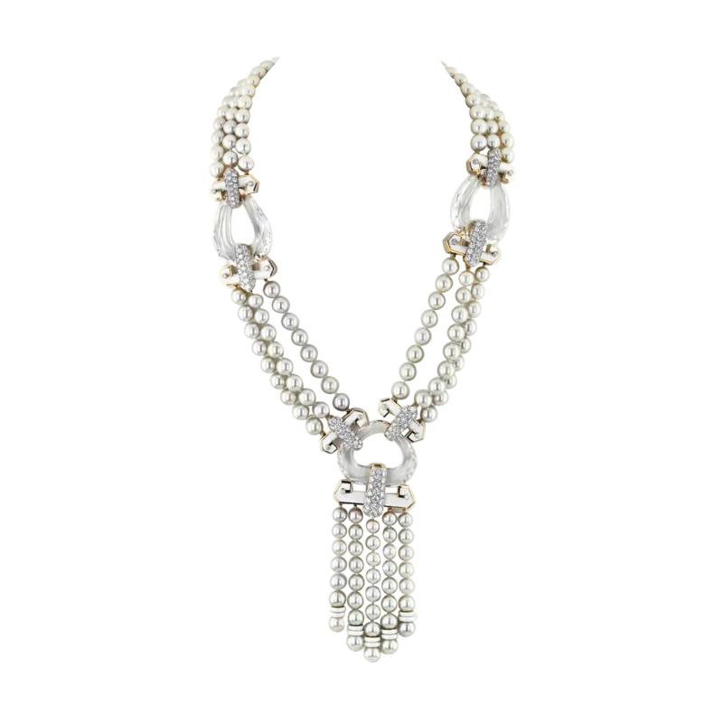 David Webb PLATINUM 18K YELLOW GOLD DUSK PEARL ROCK CRYSTAL DIAMOND WHITE ENAMEL NECKLACE