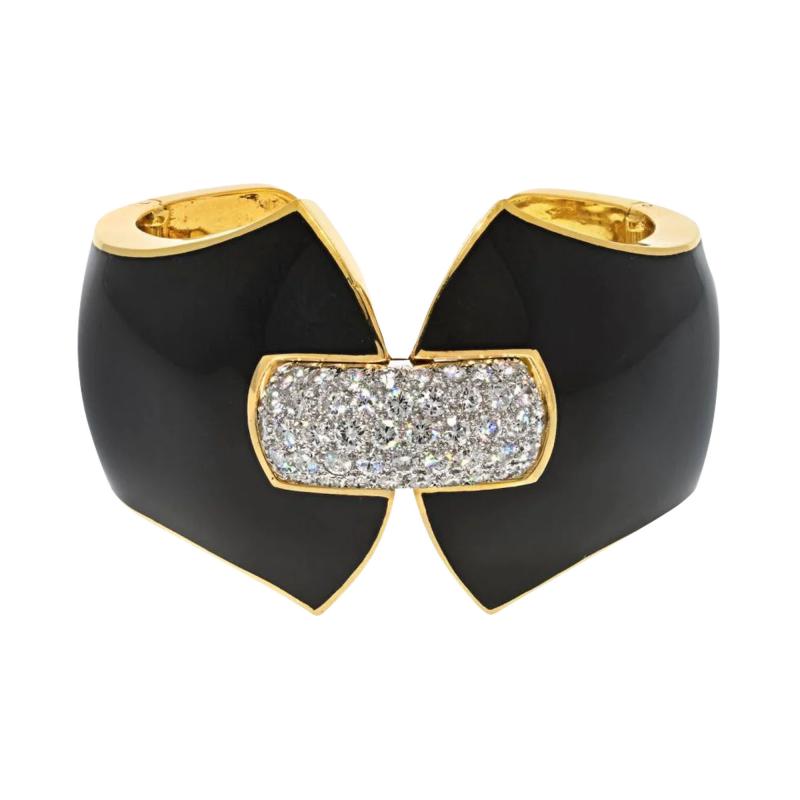 David Webb PLATINUM 18K YELLOW GOLD PRINCESS LILIAN BLACK ENAMEL DIAMOND CUFF BRACELET
