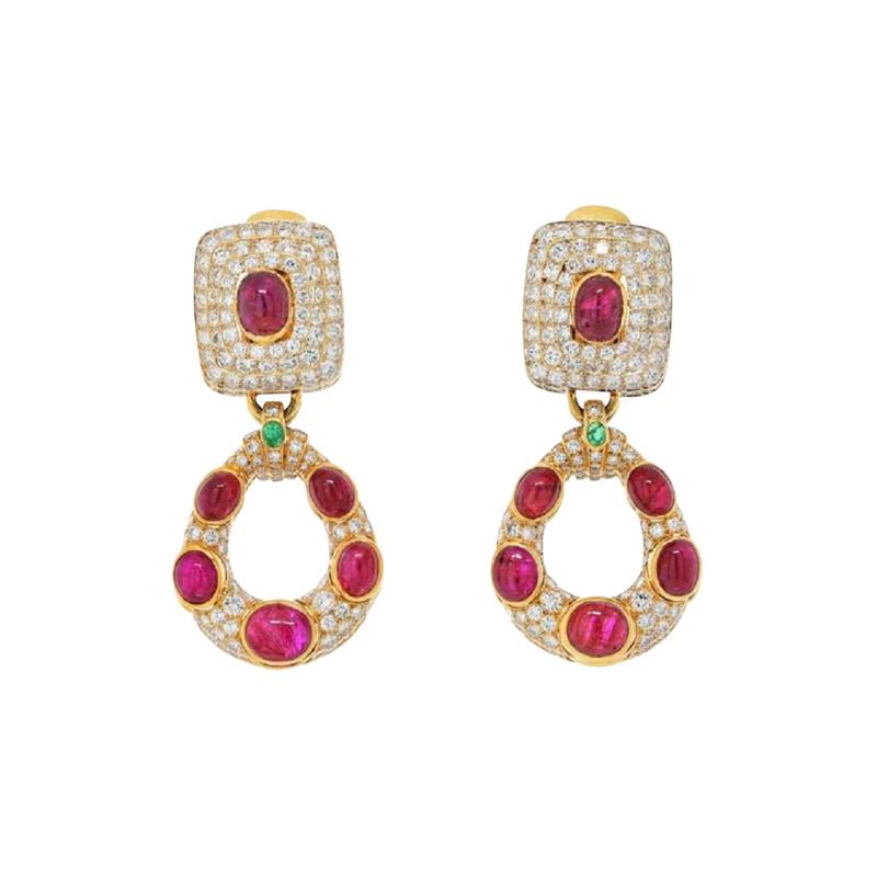 David Webb PLATINUM 18K YELLOW GOLD STUNNING DIAMOND RUBY DOOR KNOCKERS EARRINGS