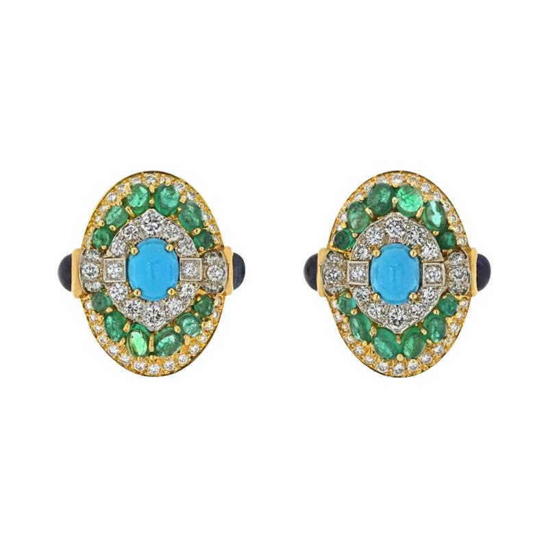 David Webb PLATINUM 18K YELLOW GOLD TURQUOISE EMERALD AND DIAMOND CLIP EARRINGS