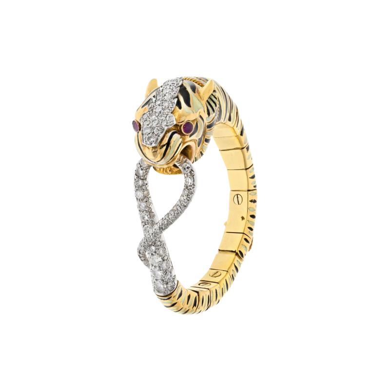 David Webb PLATINUM 18K YELLOW GOLD WHITE AND BLACK ENAMEL TIGER DIAMOND BRACELET