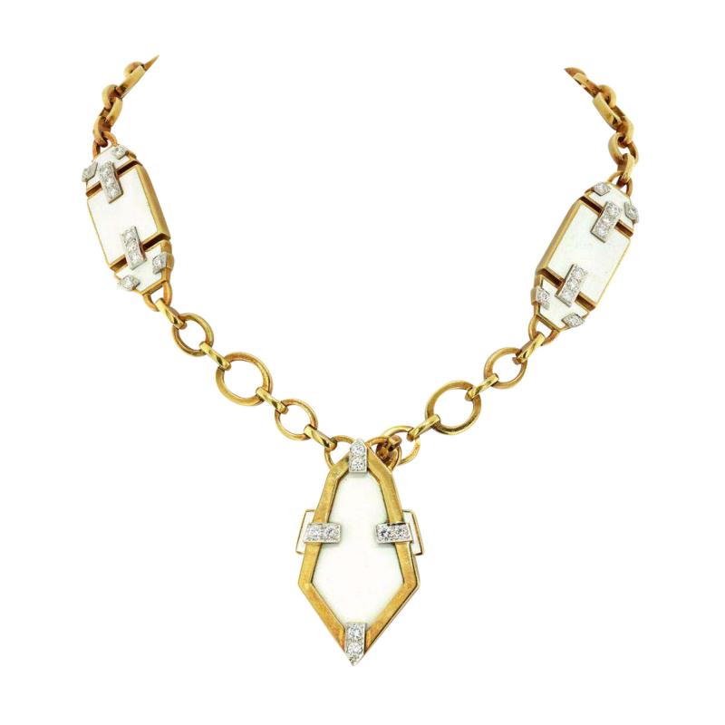 David Webb PLATINUM 18K YELLOW GOLD WHITE ENAMEL GEOMETRIC PENDANT CHAIN NECKLACE