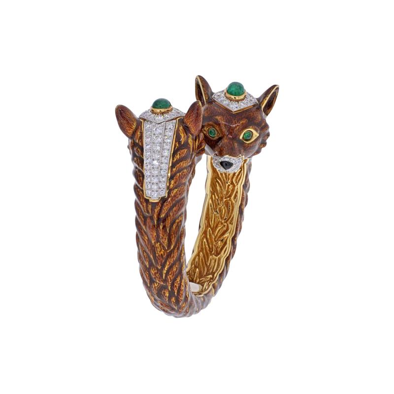 David Webb PLATINUM 18K YG DOUBLE HEAD GREEN EMERALD ENAMEL DIAMOND FOX BRACELET