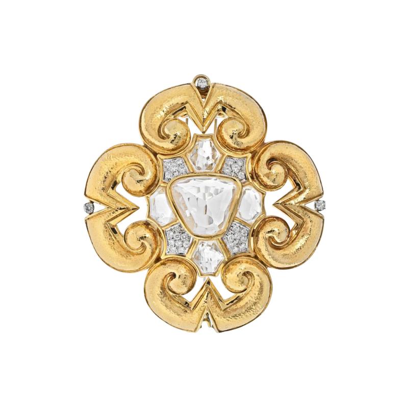 David Webb PLATINUM 18K YG ROCK CRYSTAL LARGE MALTESE CROSS SCROLL PENDANT BROOCH