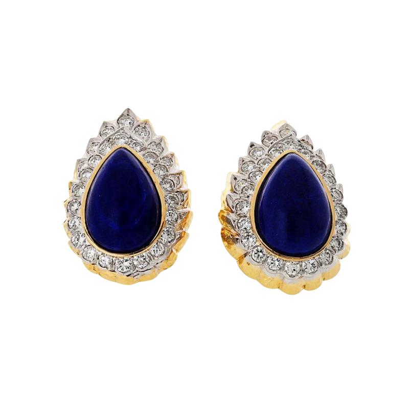 David Webb Platinum 18K Yellow Gold Cabochon Pear Shaped Lapis And Diamond Clip Earrings