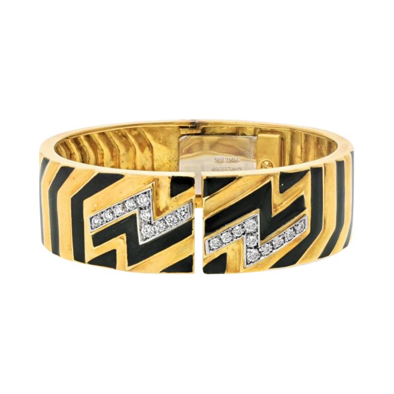 David Webb Platinum 18K Yellow Gold Stripe Black Enamel Diamond Zig Zag Bracelet