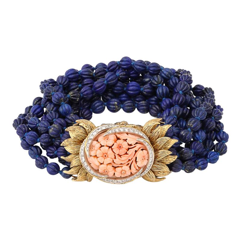 David Webb Signed David Webb Lapis Lazuli Torsade w 18k Gold Carved Coral Floral Motif