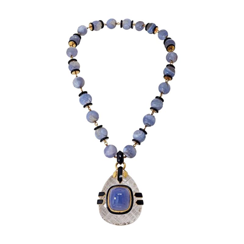 David Webb Vintage 18K Yellow Gold Purple Chalcedony Carved Beads Rock Crystal Necklace