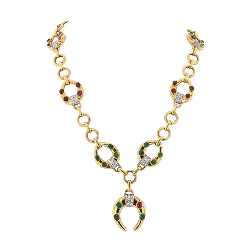 David Webb WEBB 18K YELLOW GOLD CELTIC CRESCENT EMERALD RUBY AND DIAMOND CHAIN NECKLACE
