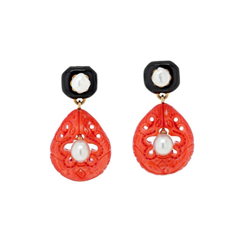 David Webb WEBB PLATINUM 18K YELLOW GOLD CULTURED PEARL CORAL AND ENAMEL CLIP EARRINGS